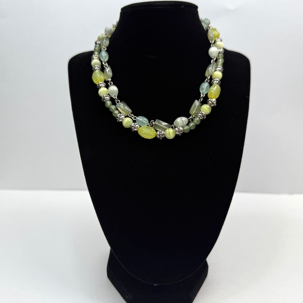 Layered Green Beaded Stone Statement Necklace Jewelry Yellow Green Silver Tone